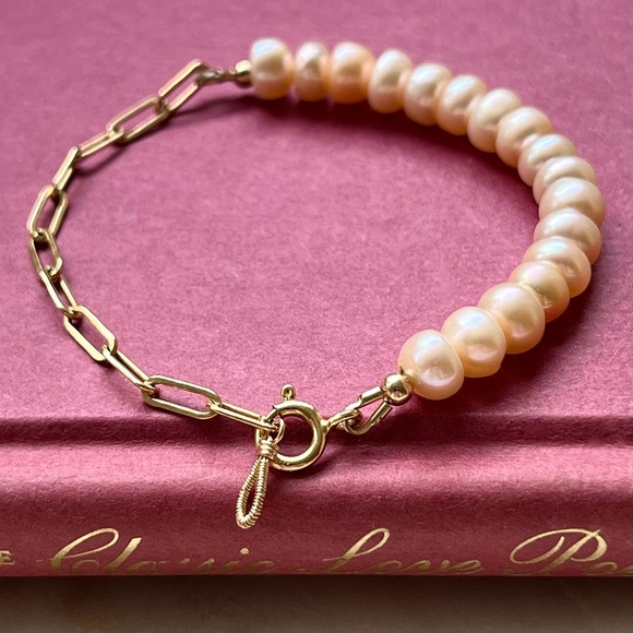 Gold Filled Pink Freshwater Pearl Paperclip Chain Bracelet